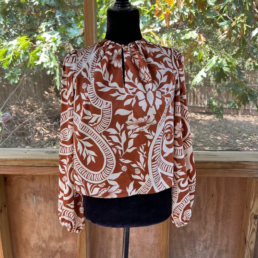 Joie Women's Terracotta Colored Printed Mock Neck Long Sleeve Blouse Size XS